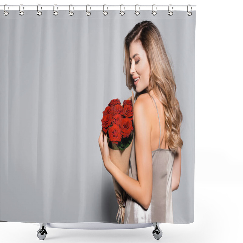 Personality  Smiling Elegant Woman In Dress With Bouquet Of Red Roses Isolated On Grey Shower Curtains