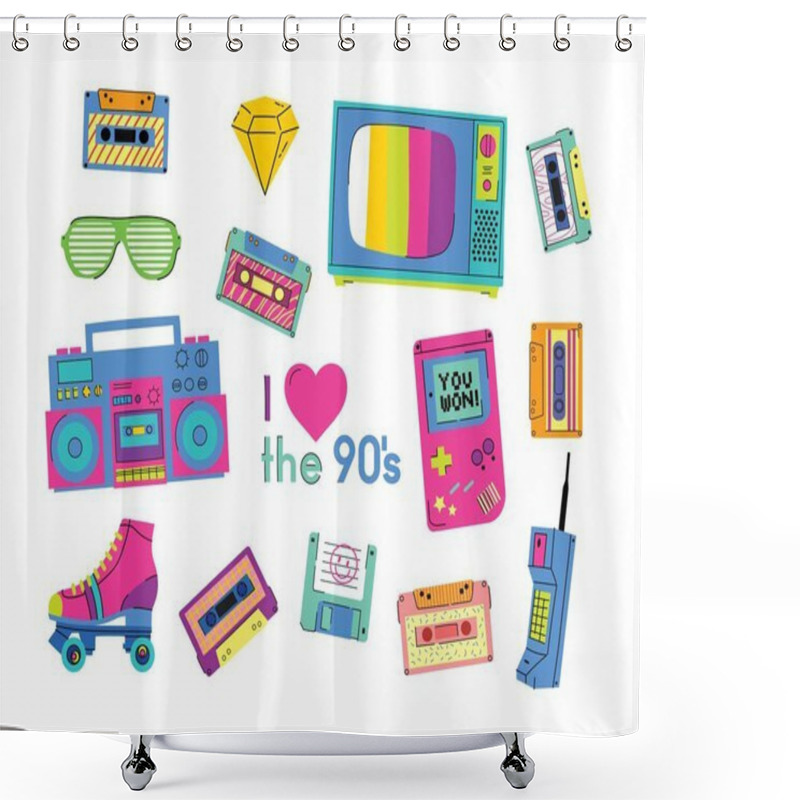 Personality  Set Of The Patch Badges With Tape Recorder, Cassette, Rolls, Tv And Sheet Music. Pop Art Design Elements On A White Background Shower Curtains