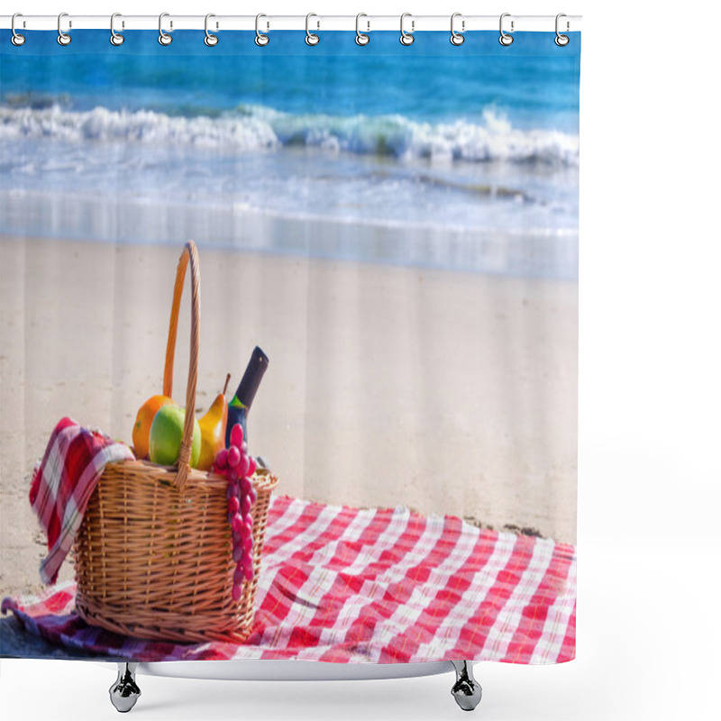 Personality  Picnic Basket With Fruits By The Ocean Shower Curtains