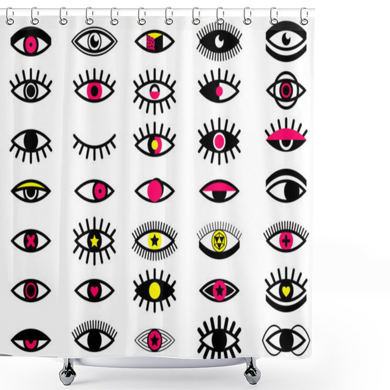 Personality  Big Set Of Memphis Style Eye Icons. Collection Of 35 Psychedelic Eyes. Memphis Style Design Elements Set For Pattern. Retro 80's Collection For Textile, Web, Design Pattern, Backgrounds. Fashion Style Shower Curtains