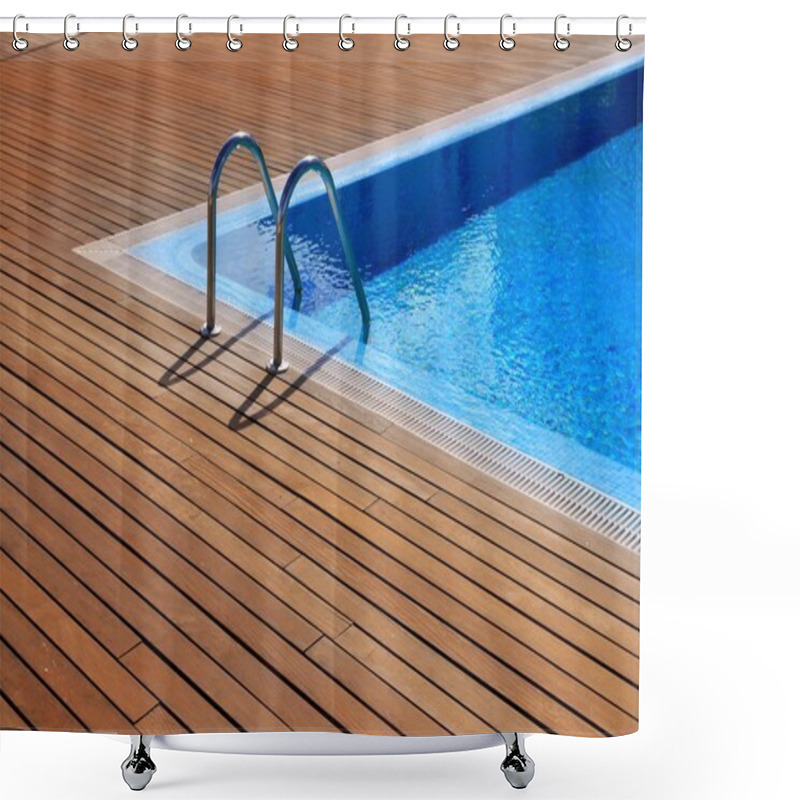 Personality  Blue Swimming Pool With Teak Wood Flooring Shower Curtains