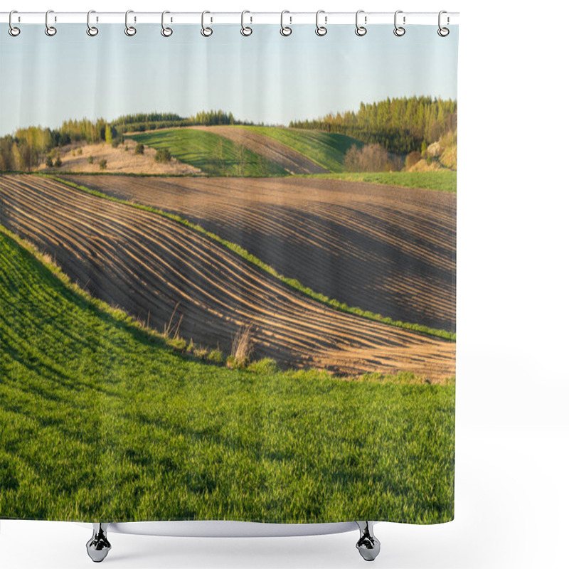 Personality  Countryside Spring Landscape Of Plowed Fields. Green Grass And Trees. Ponidzie. Poland Shower Curtains