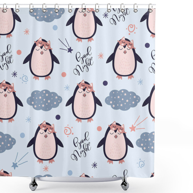 Personality  Seamless Pattern With Cute Penguin In Sleeping Mask. Animal On The Starry Fantatic Sky. Vector Flat Good Nignt And Sweet Dreams Concept Shower Curtains