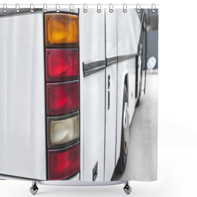 Personality  Selective Focus Of White Travel Bus Headlights At Urban Street Shower Curtains