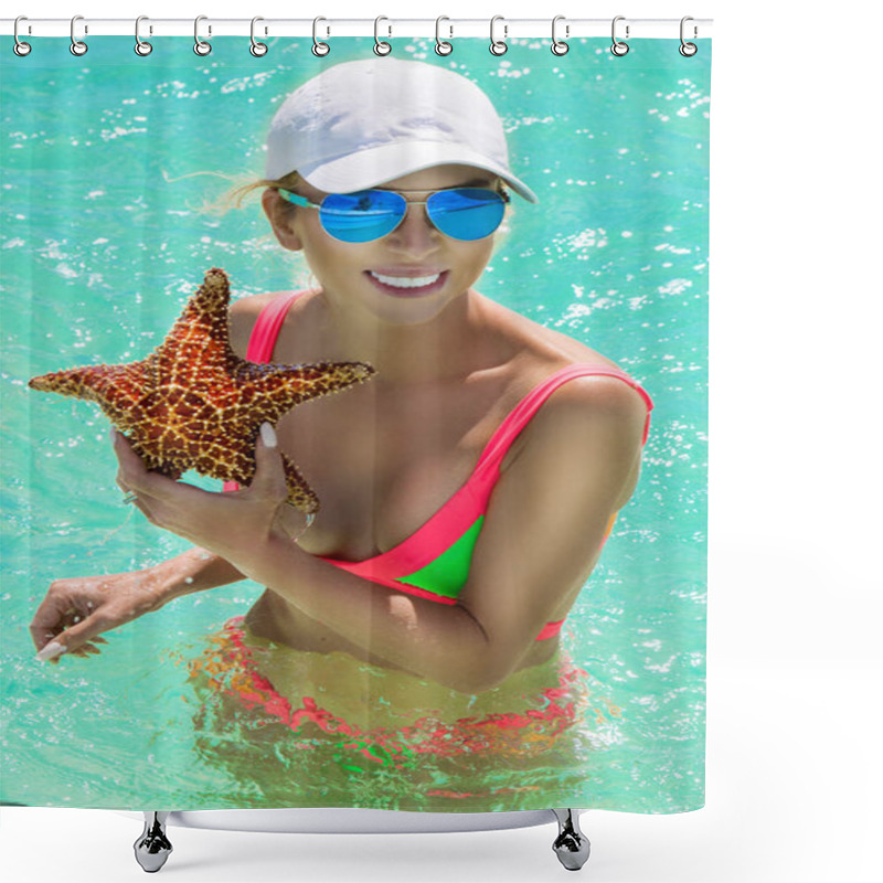 Personality  Beautiful Girl In The Caribbean Sea, Holds In The Hands Of A Starfish Shower Curtains