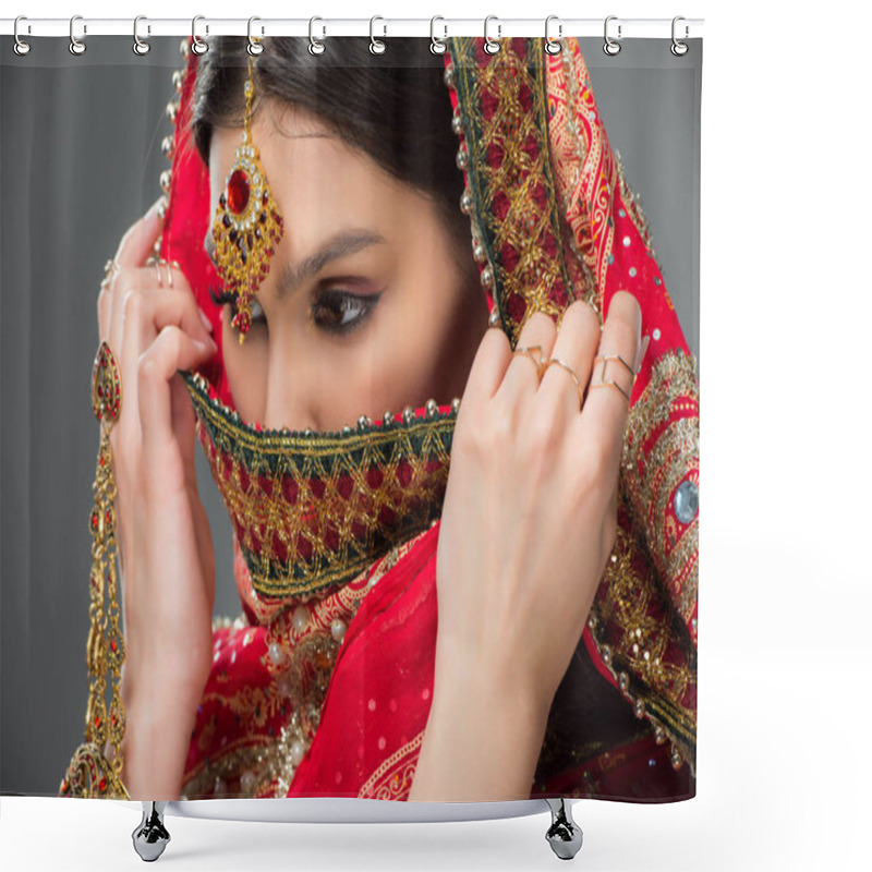 Personality  Indian Woman In Traditional Sari And Bindi, Isolated On Grey  Shower Curtains