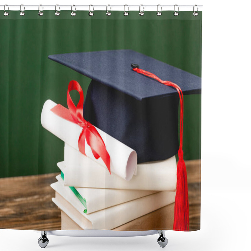 Personality  Books, Academic Cap And Diploma On Wooden Surface Isolated On Green Shower Curtains