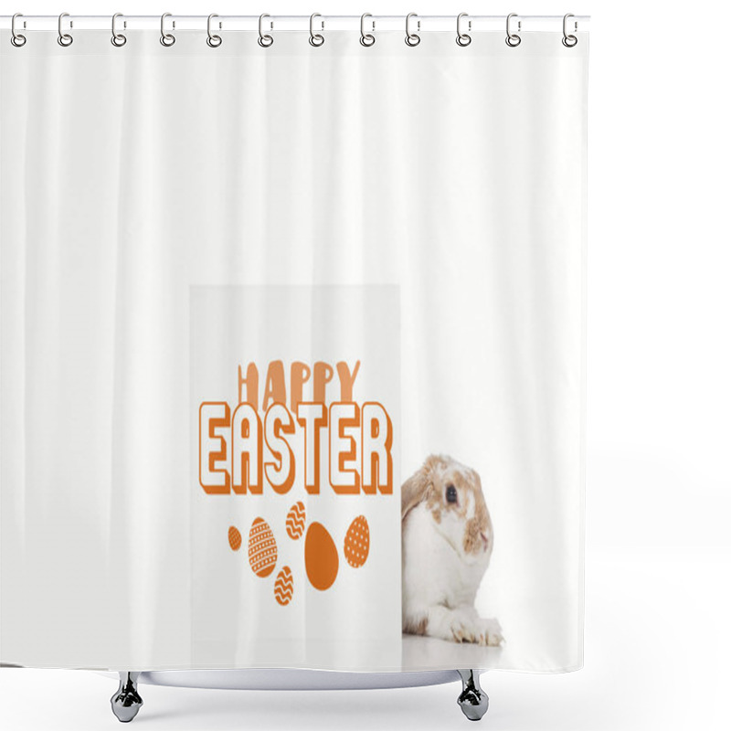 Personality  Cute Bunny Near Board With Happy Easter And Easter Eggs Illustration Isolated On White Shower Curtains