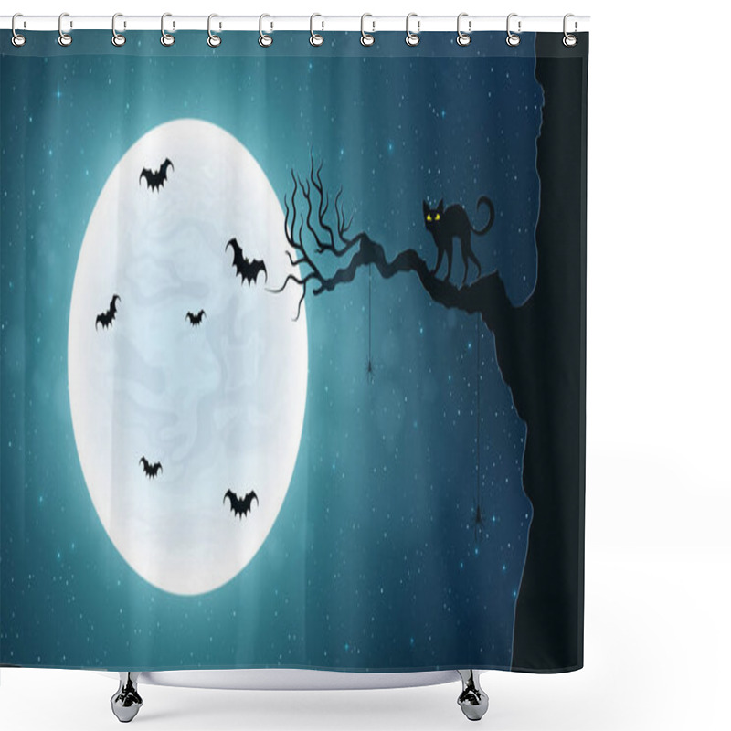 Personality  Black Cat On A Tree Against The Background Of The Full Moon. Terrible Night. Flying Bats. Realistic Starry Sky. Background For Halloween Shower Curtains