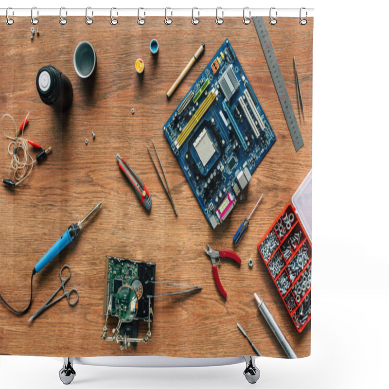 Personality  Top View Of Repairing Tools, Motherboard And Hard Drive On Wooden Table Shower Curtains