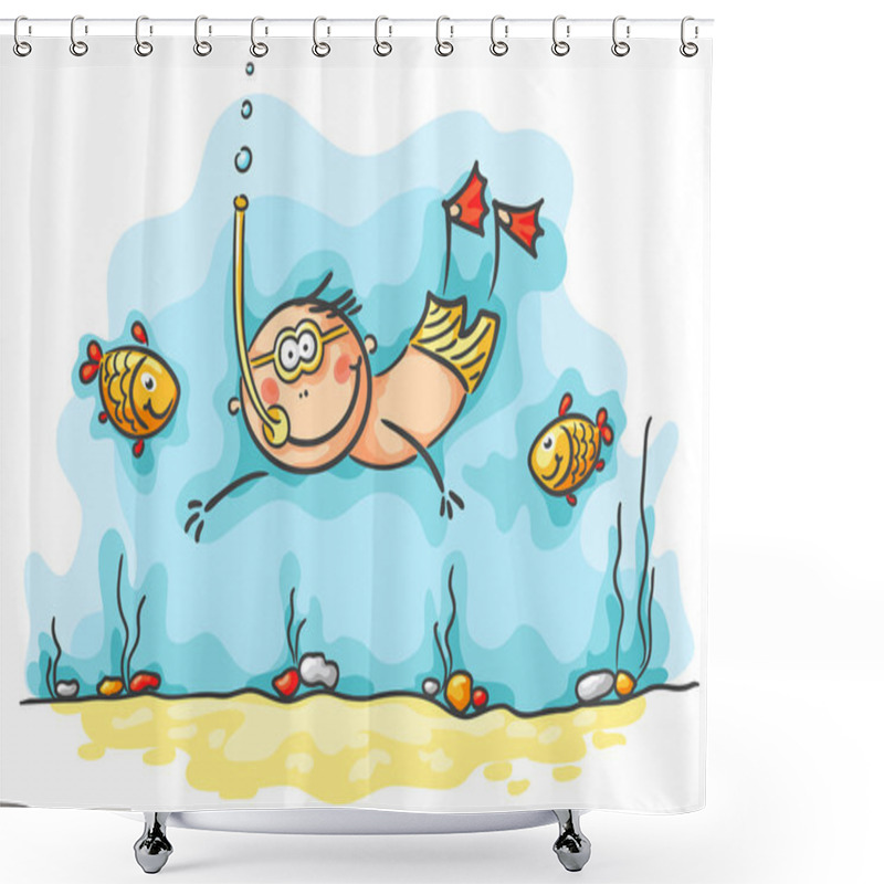 Personality  Happy Diver Swimming Underwater With Fishes Shower Curtains