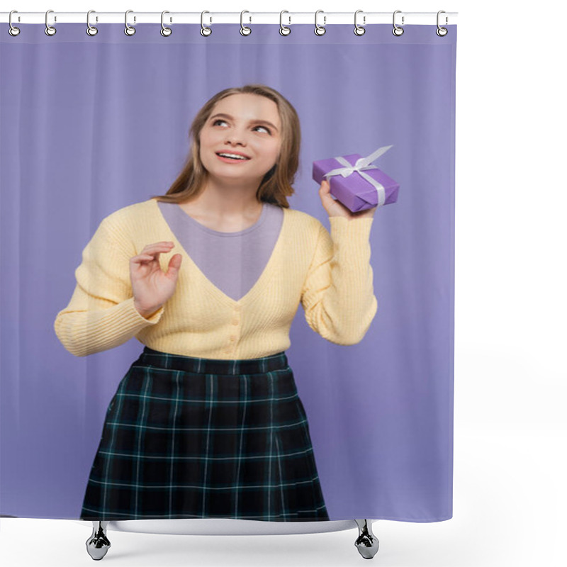 Personality  Dreamy Young Woman Holding Wrapped Gift Box Isolated On Purple Shower Curtains