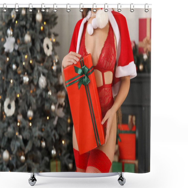 Personality  Sexy Young Woman In Santa Costume And With Christmas Gift At Home Shower Curtains