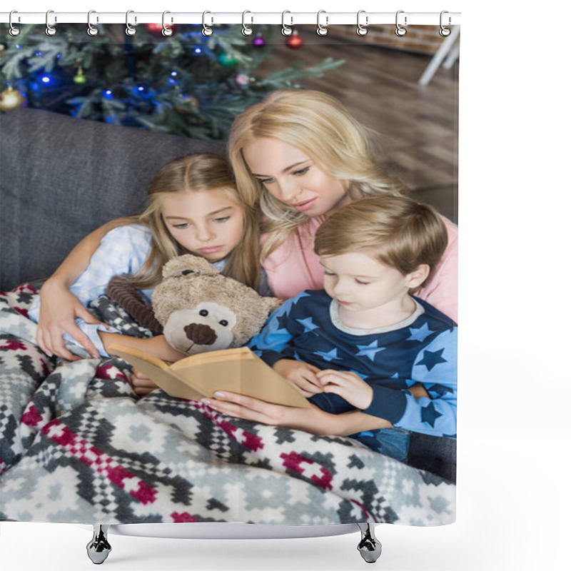 Personality  High Angle View Of Young Mother Reading Book With Cute Children In Pajamas At Christmas Time  Shower Curtains