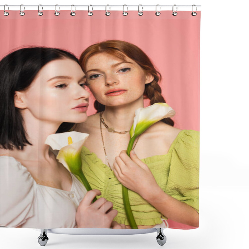 Personality  Young Body Positive Women With Flowers Posing Isolated On Pink  Shower Curtains