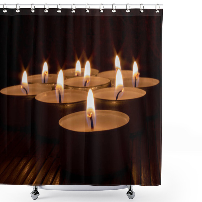 Personality  Close-up Of Illuminated Candles On Wooden Table. Concept For Condolence, Hope, Romance Shower Curtains