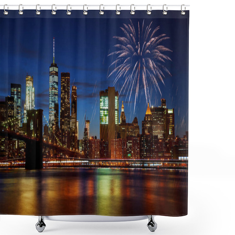 Personality  New York City's Brooklyn Bridge And Manhattan Skyline Illuminated Amazing Fireworks In Independence Day Shower Curtains