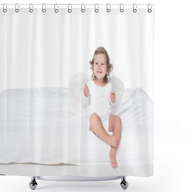 Personality  Adorable Happy Baby With Wings Sitting On Bed, Isolated On White Shower Curtains