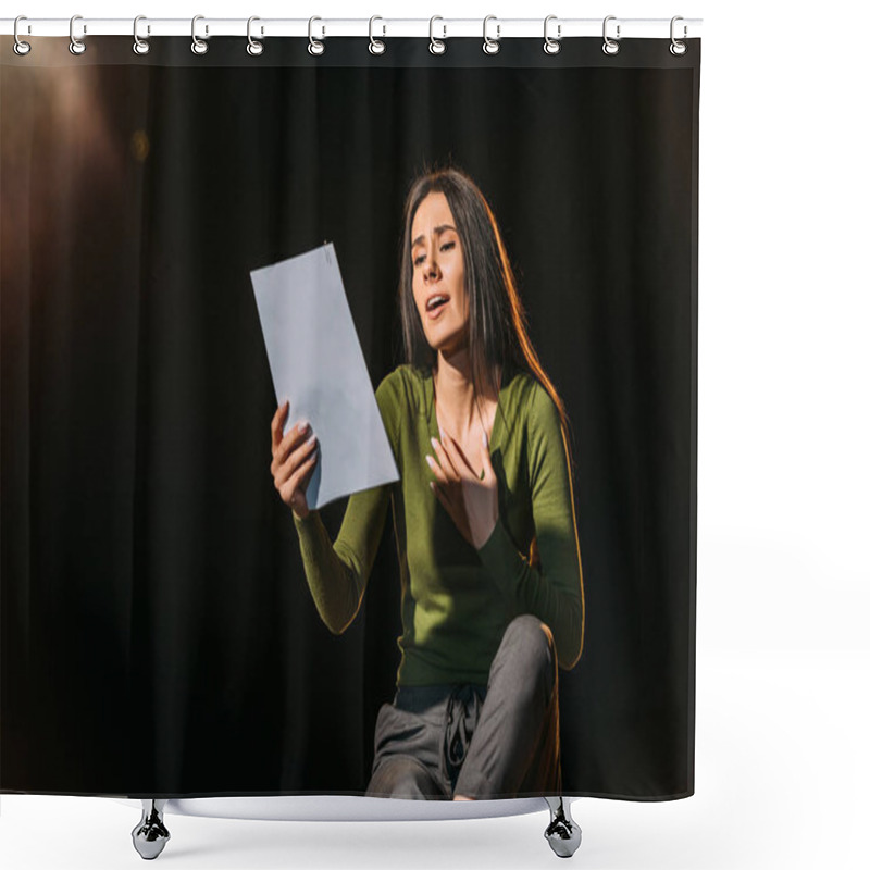 Personality  Attractive Emotional Actress Reading Scenario On Black Shower Curtains