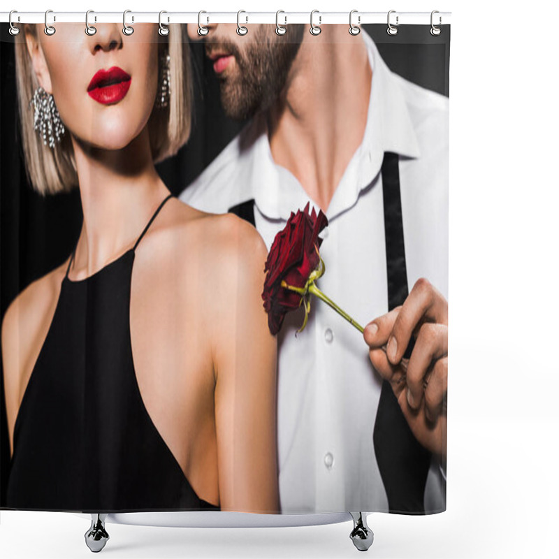 Personality  Cropped View Of Man Touching Womans Shoulder With Rose Flower, Isolated On Black Shower Curtains