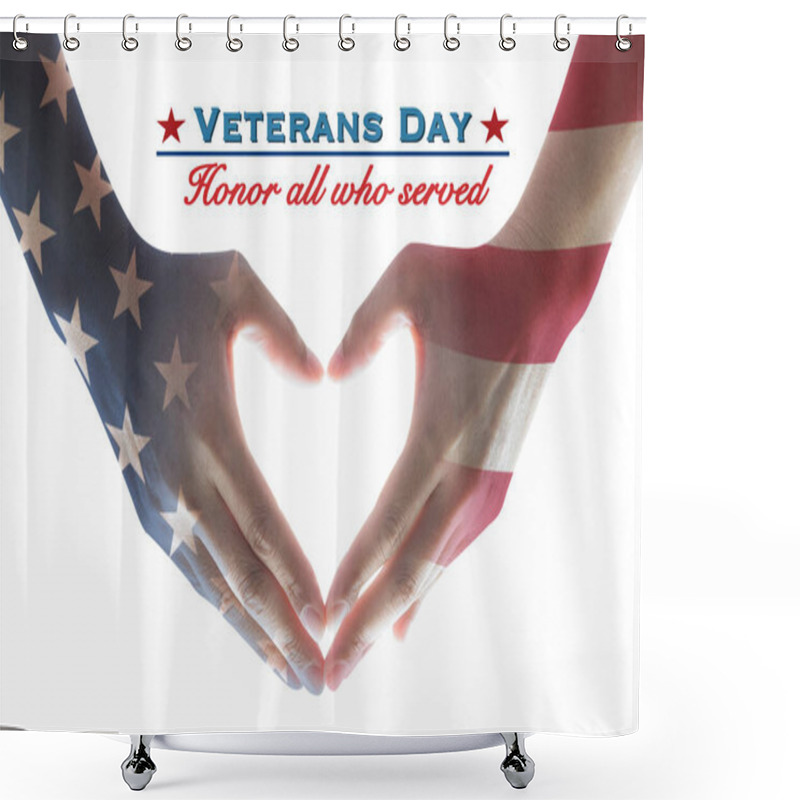 Personality  USA Veterans Day With United Stated Of America Flag Pattern On People's Hands In Heart Shape And Greeting Announcement Honoring All Who Served American Country Shower Curtains