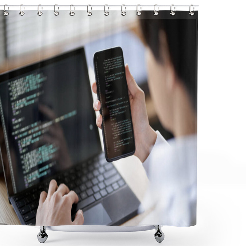 Personality  Asian Programmer Checking The Operation Of The Code Shower Curtains