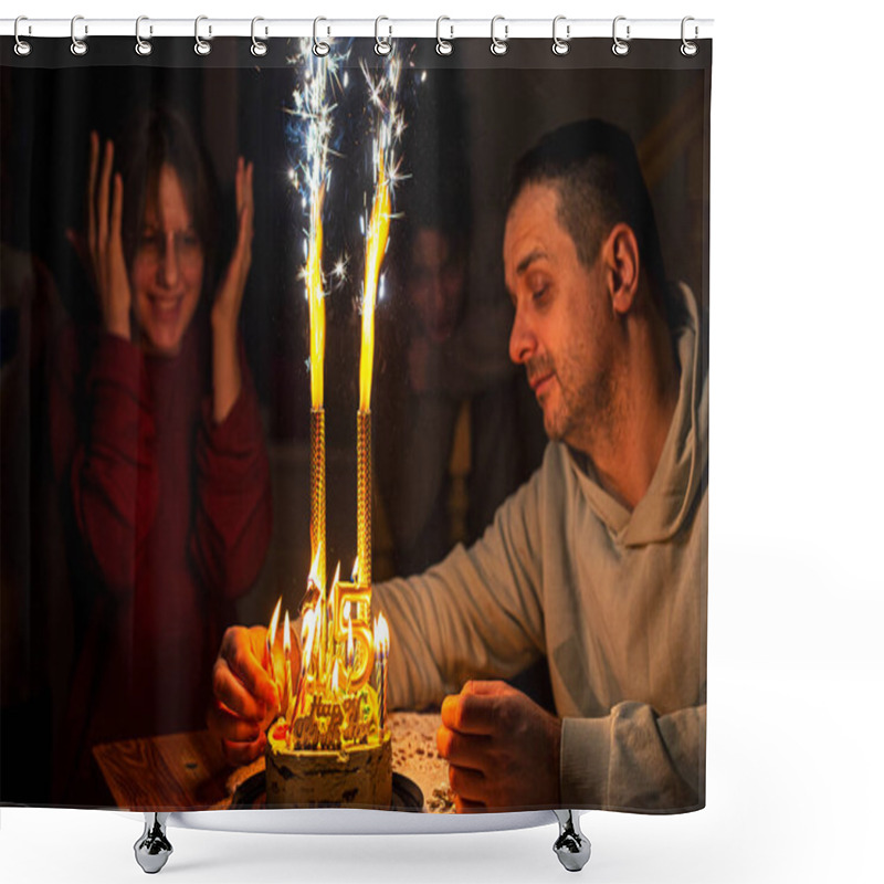 Personality  Dad Lights Candles For 15th Birthday With Gold Numbers On Pistachio Cake For Daughter. Birthday. Celebrate Anniversary Shower Curtains