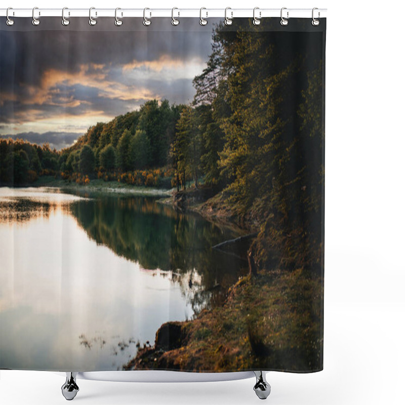 Personality  Scenic View Of Mountain Lake Under Cloudy Sky  Shower Curtains