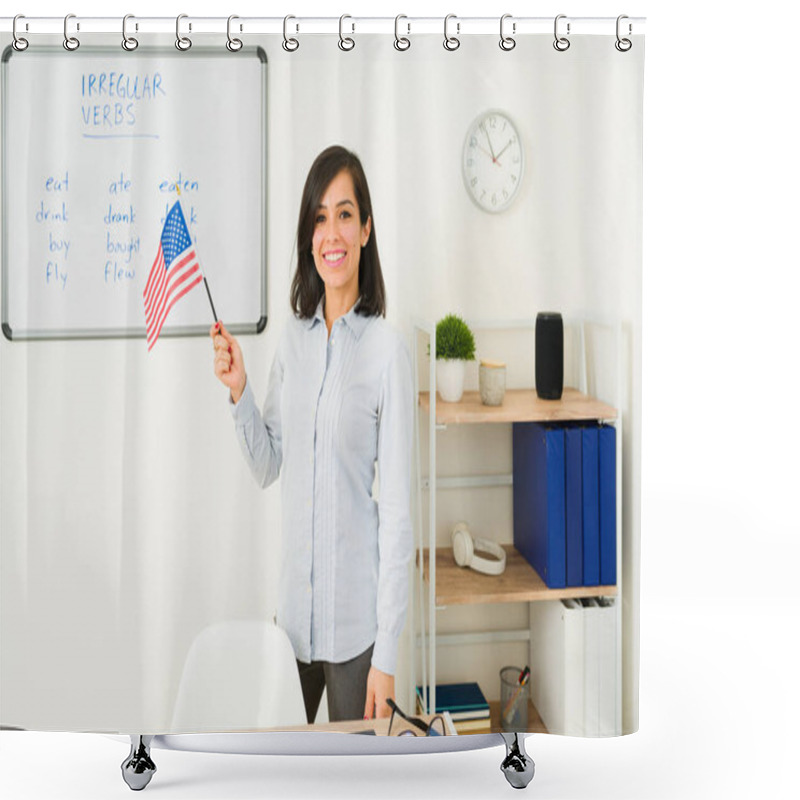 Personality  Smiling Young Woman And English Teacher Looking Happy Teaching English Language While Holding A US American Flag Shower Curtains