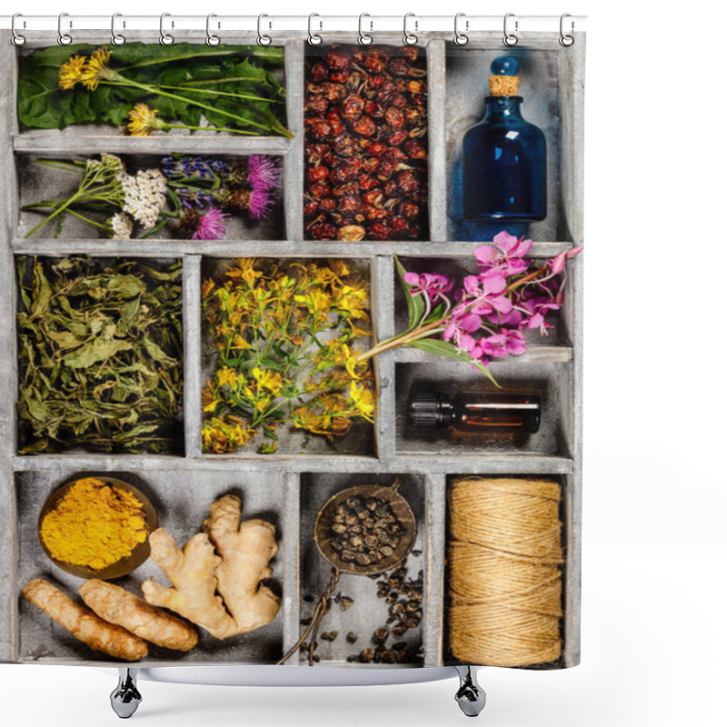 Personality  Flat Lay Of Wild Healing Herbs Shower Curtains