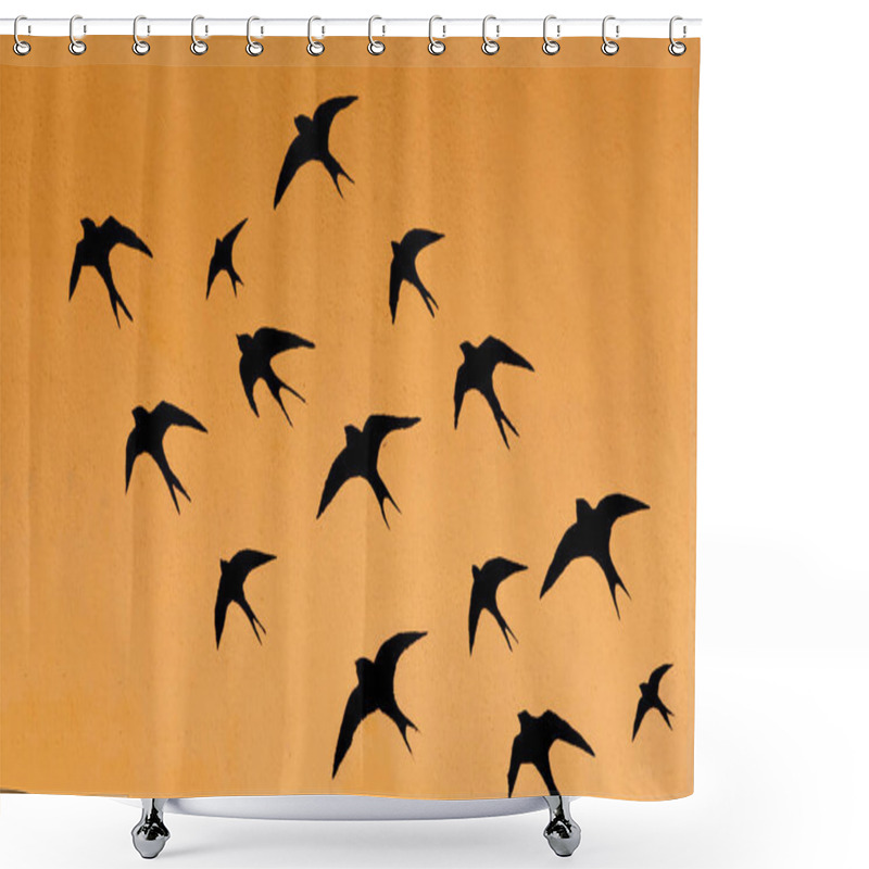 Personality  Silhouettes Of Many Swallows On Orange Sky Background Shower Curtains