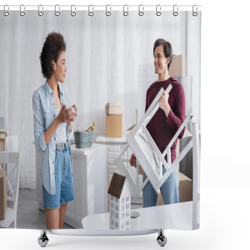 Personality  Happy African American Woman Holding Cup Of Tea And Looking At Boyfriend With Chair Shower Curtains