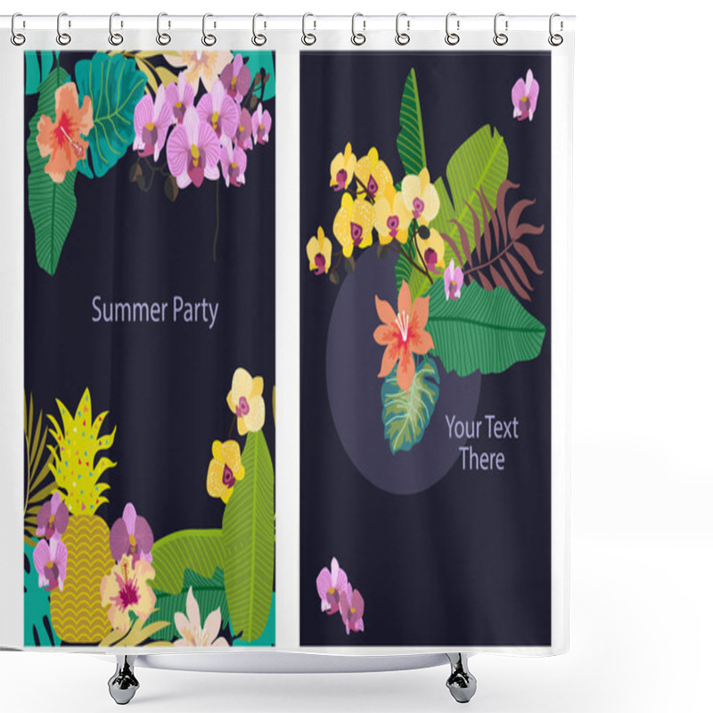 Personality  Set Of Cards With Tropical Plants On Contrast Background.  Shower Curtains