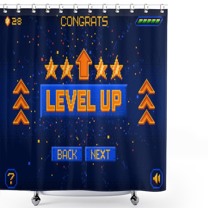 Personality  8bit Game Level Up Pixel Screen. Retro Arcade User Interface Mosaic Backdrop Or Level Design Element, 16 Bit Platform Console Victory Menu Pixelated Vector Background. PC Vintage Game Bonus Display Shower Curtains