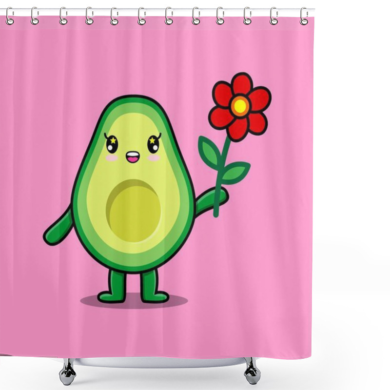 Personality  Cute Cartoon Avocado Character Holding Red Flower In Concept 3d Cartoon Style Shower Curtains