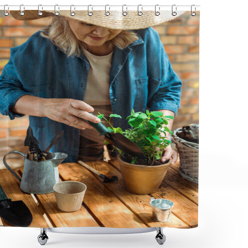 Personality  Retired Woman In Straw Hat Holding Shovel Near Flowerpot With Plant Shower Curtains