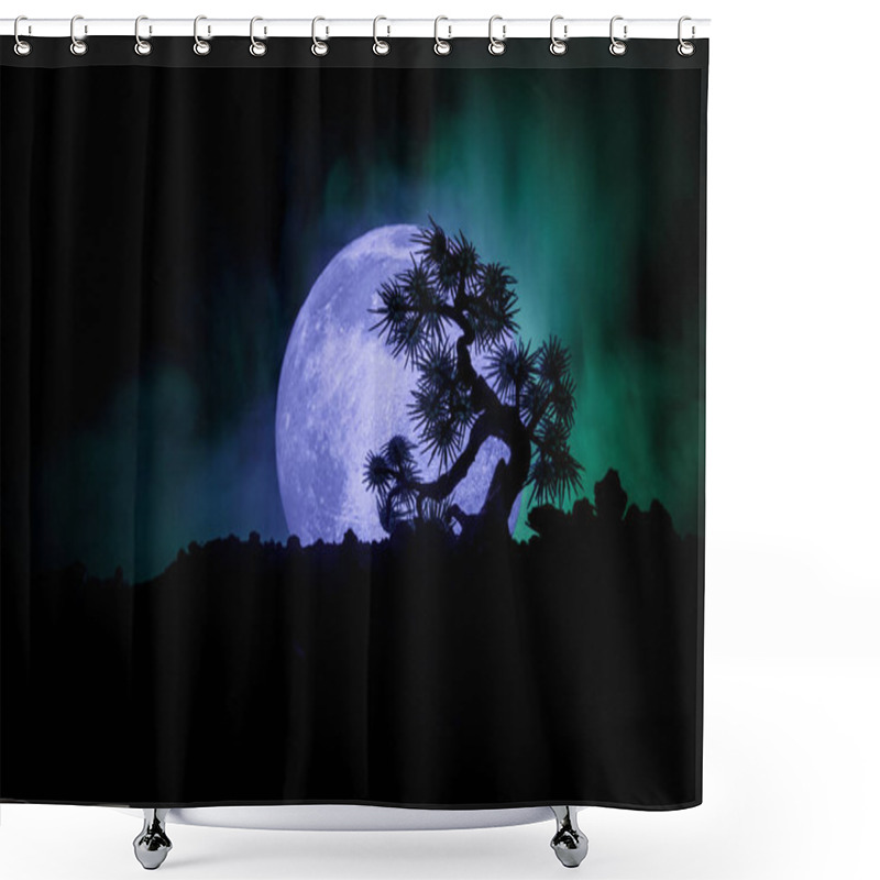 Personality  Silhouette Tree On Full Moon Background. Full Moon Rising Above Japanese Style Tree Against Toned Foggy Sky. Shower Curtains