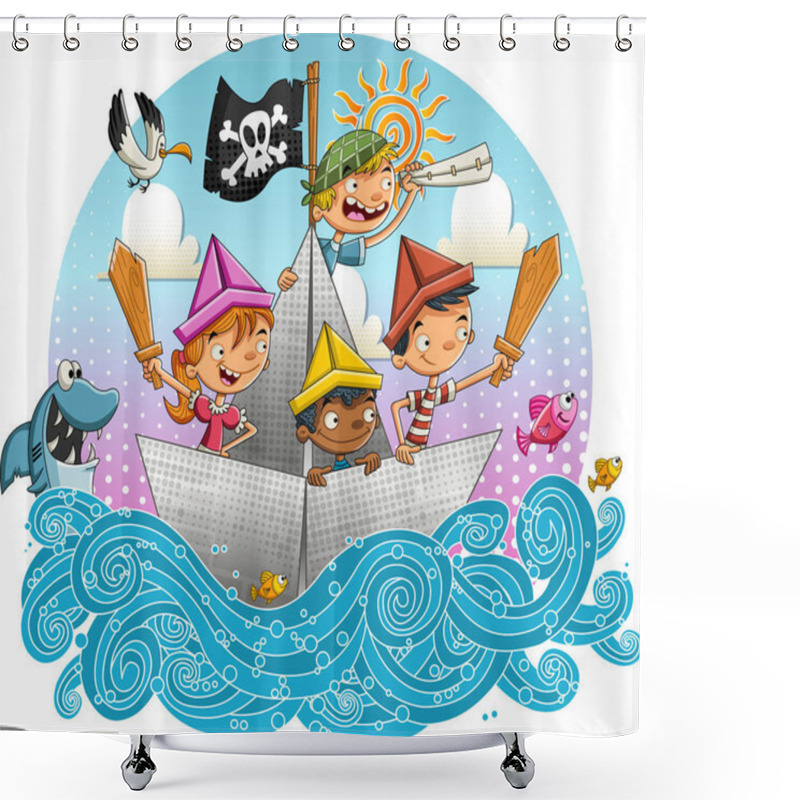 Personality  Group Of Cartoon Pirate Kids Sailing On Paper Boat. Shower Curtains