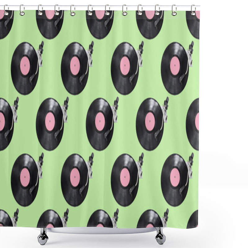 Personality  Seamless Pattern. Abstract Record Player Part Isolated On Green Background. Retro Music Concept. Shower Curtains