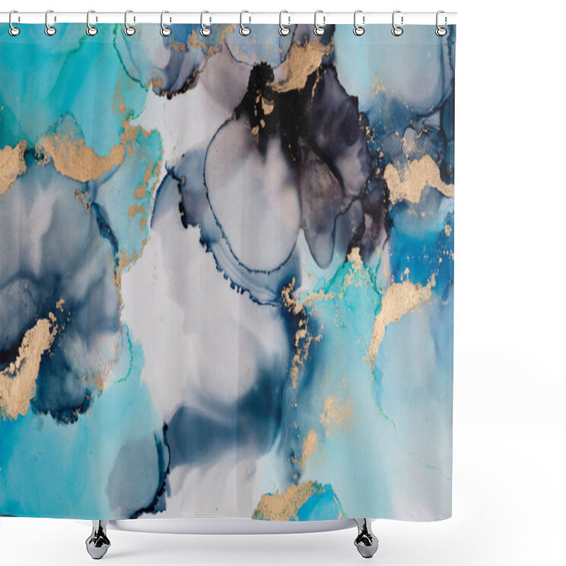 Personality  Abstract Fluid Art. Alcohol Ink On Canvas. Blue, Black And Gold. Shower Curtains