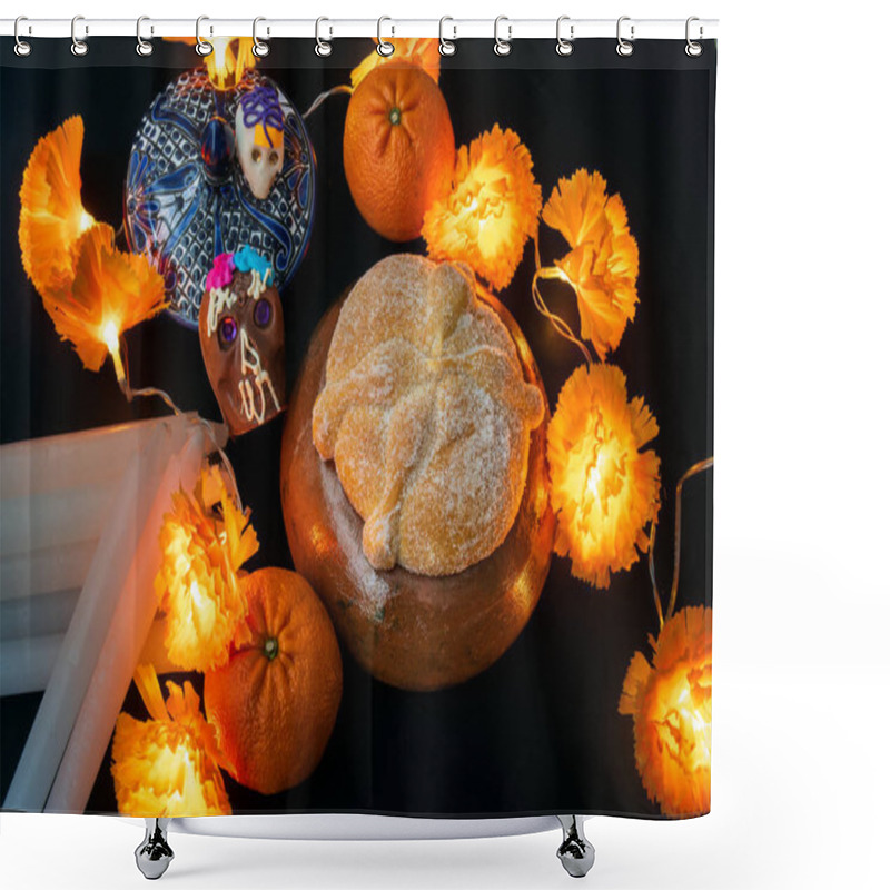 Personality  An Traditional Day Of The Dead Altar In Mexico - Altar De Dia De Muertos - Copy Space Dark Background Shower Curtains