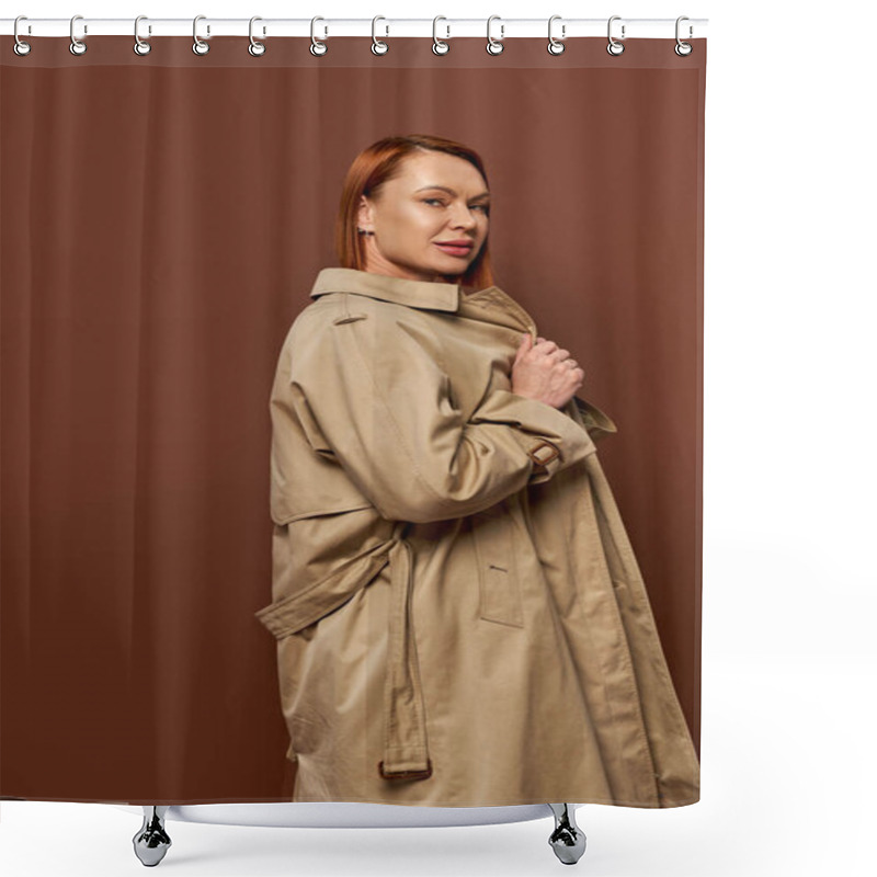 Personality  Redhead Woman In Beige Trench Coat Looking At Camera On Brown Backdrop, Fall Season Fashion Shower Curtains