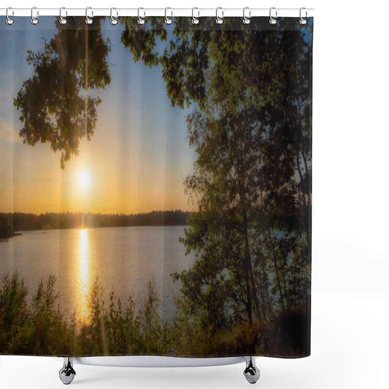 Personality  Panorama Of A Gorgeous Sunset At A Forest Lake Shower Curtains