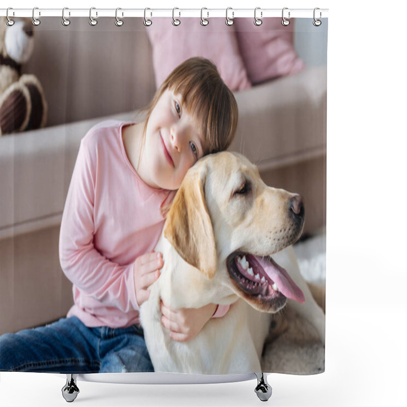 Personality  Child With Down Syndrome Cuddling With Dog Shower Curtains