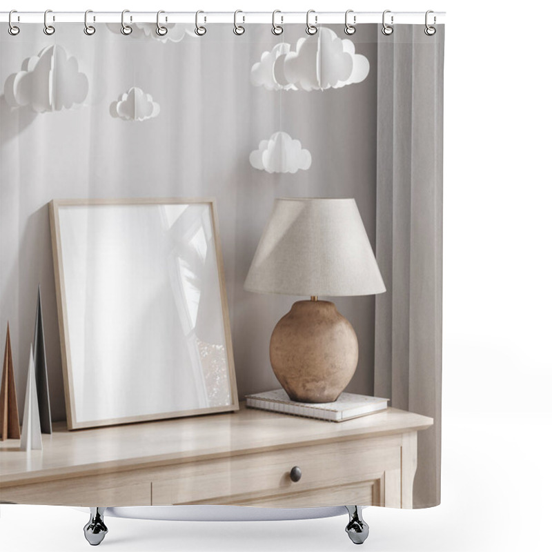 Personality  Frame Mock-up In Children Room With Natural Wooden Furniture And Toys, 3D Render Shower Curtains