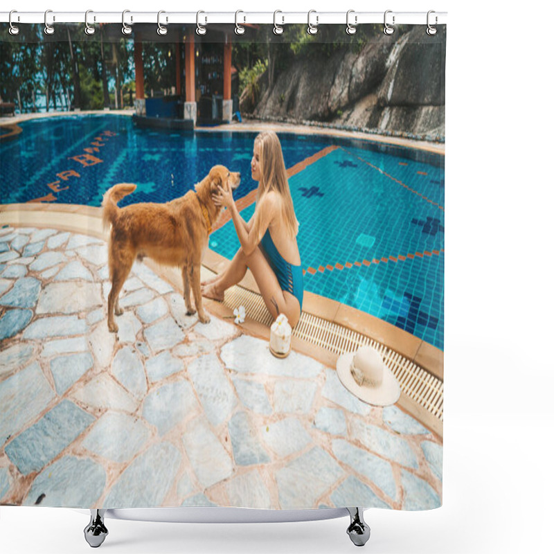 Personality  Woman Playing With Dog At Poolside Shower Curtains