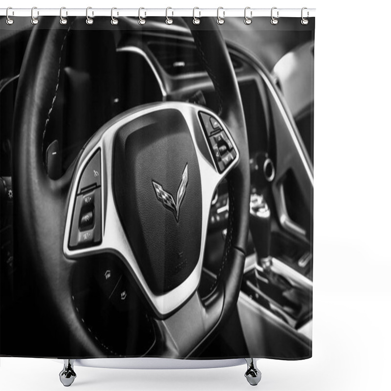 Personality  BERLIN - JUNE 09, 2018: Interior Of The Sports Car Chevrolet Corvette Z06 (Seventh Generation), 2017. Black And White. Classic Days Berlin 2018. Shower Curtains