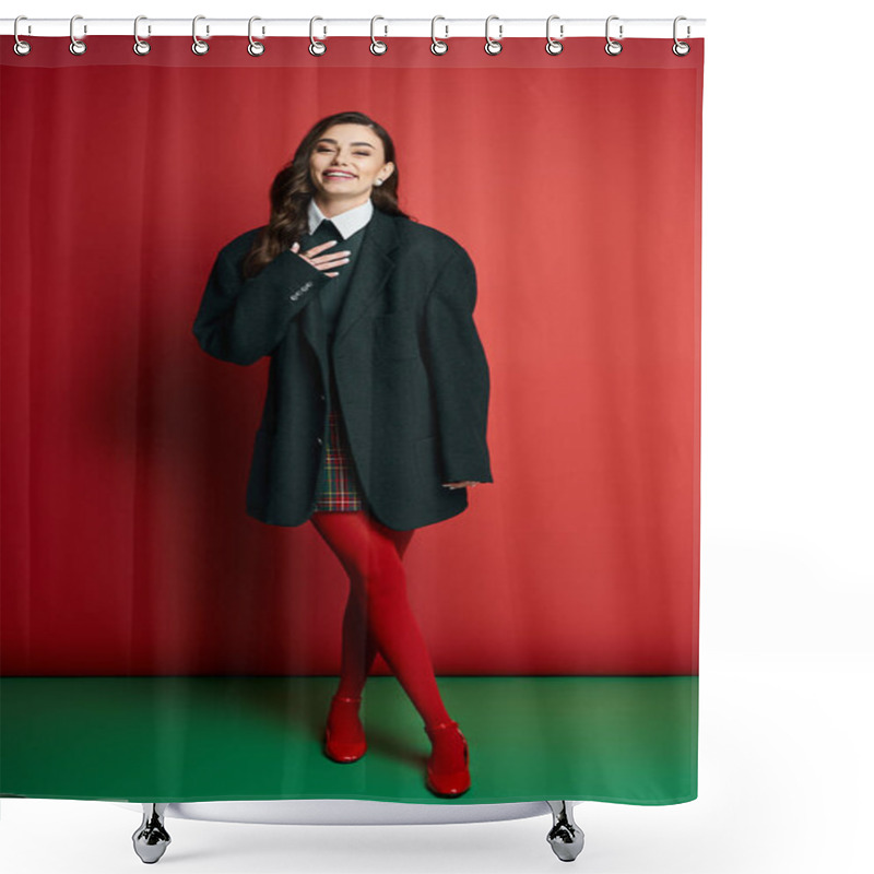 Personality  Smiling Young Woman Poses In A Chic Outfit, Showcasing A Playful Blend Of Colors And Styles. Shower Curtains