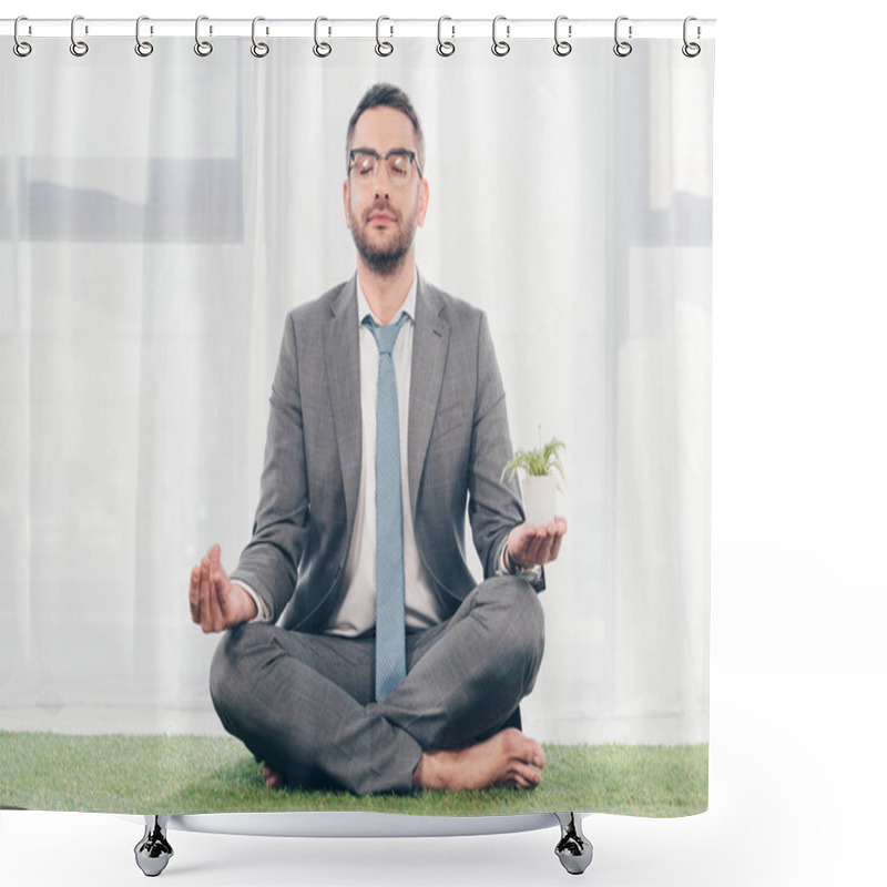 Personality  Businessman In Glasses On Grass Mat Meditating While Sitting In Lotus Pose  Shower Curtains