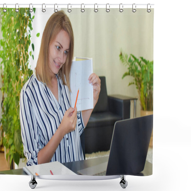 Personality  Woman Teacher Tells Math Lesson On Webcam Shower Curtains